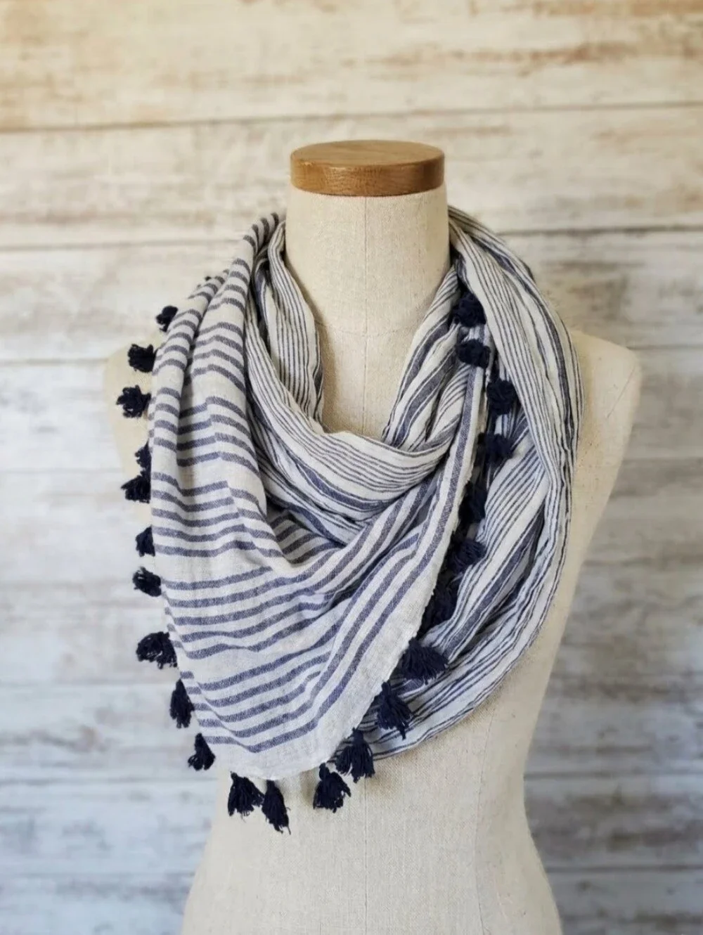 Scarf Set Blue White Stripe Cotton Long Rectangle & Flouncy Tassel Scarf